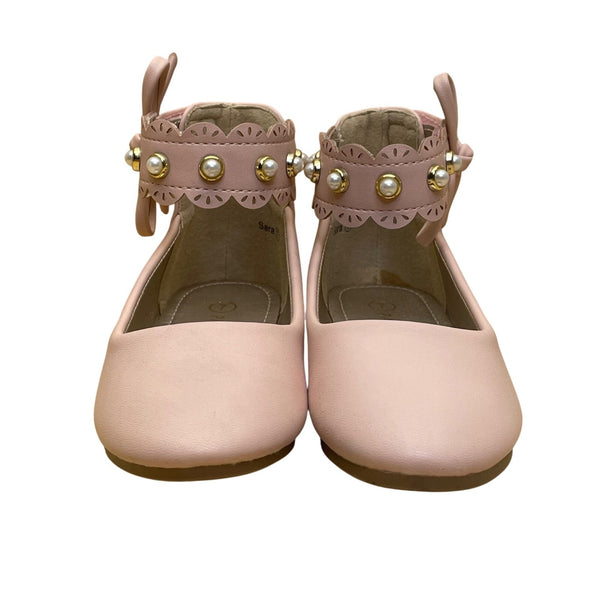 Pandaninjia Girls Blush Pink Faux Leather Pearl Ankle Strap Bow Flats Size 7