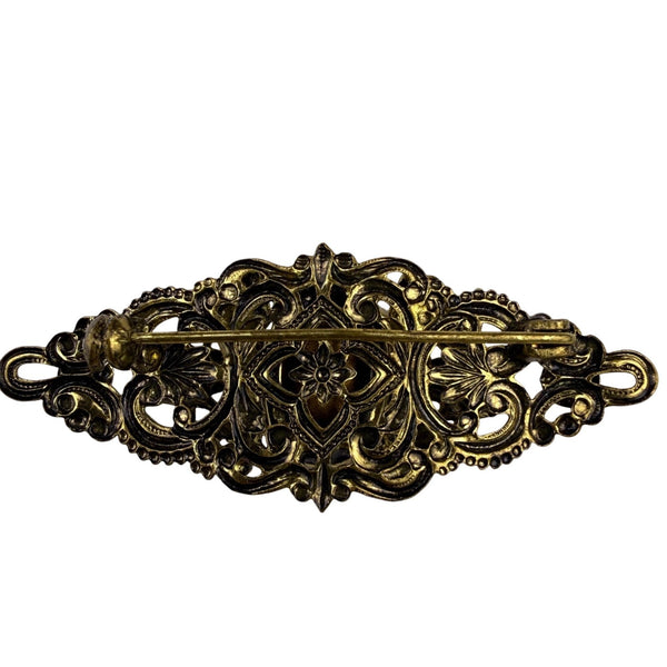 Antique Womens Gold Tone Green Decorative Metal Brooch Oval Gemstone Design