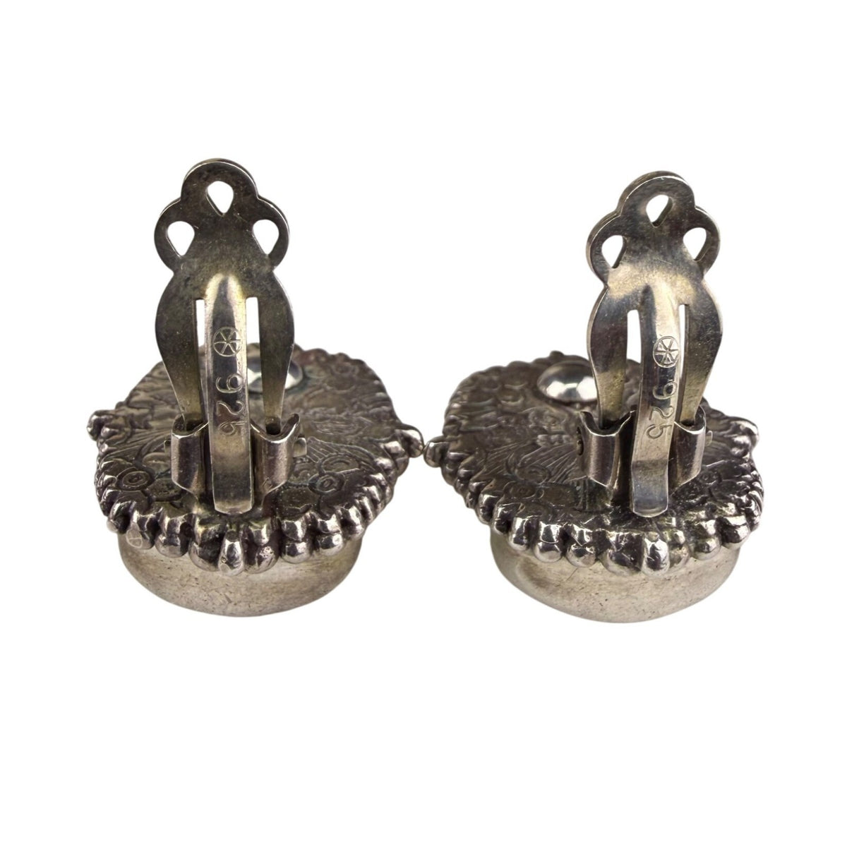 Vintage Sterling Silver 925 Clip-On Earrings Floral Etched MOP Cabochons Unique