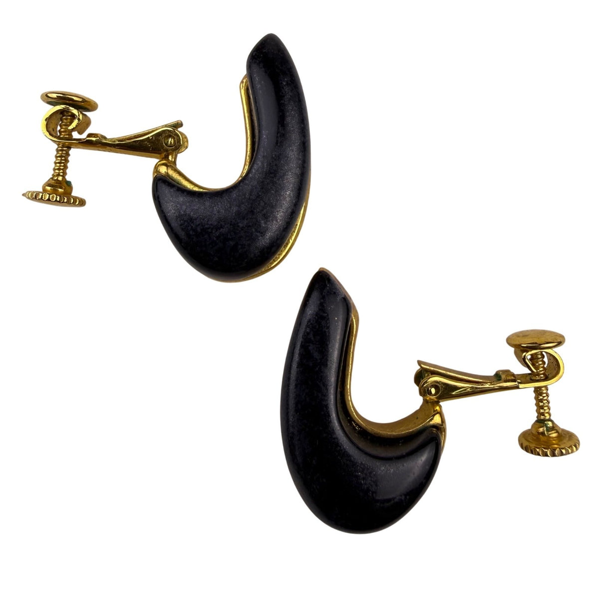 Gold Tone & Black Clip-On Earrings Curved Crescent Shape Vintage Metal & Acrylic