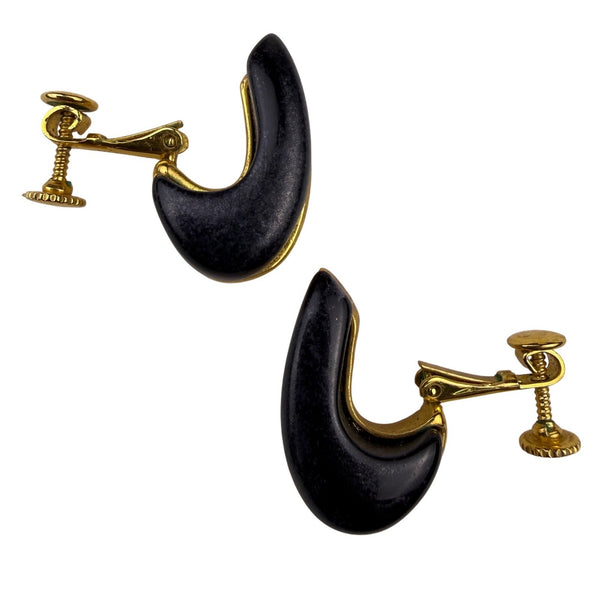 Gold Tone & Black Clip-On Earrings Curved Crescent Shape Vintage Metal & Acrylic