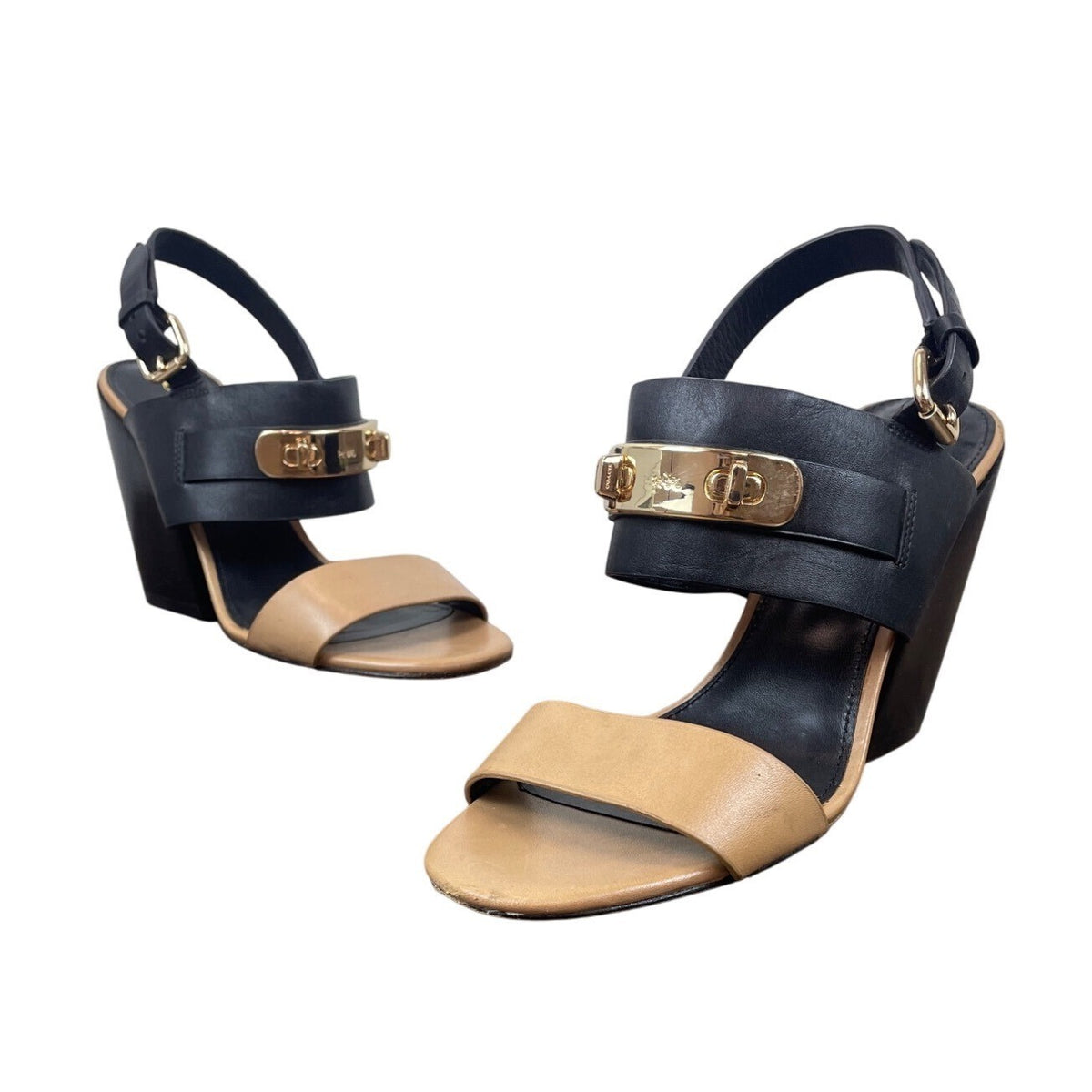 Coach Womens Black & Tan Brown Leather Gold Accents Block Heel Sandals Size 7.5B