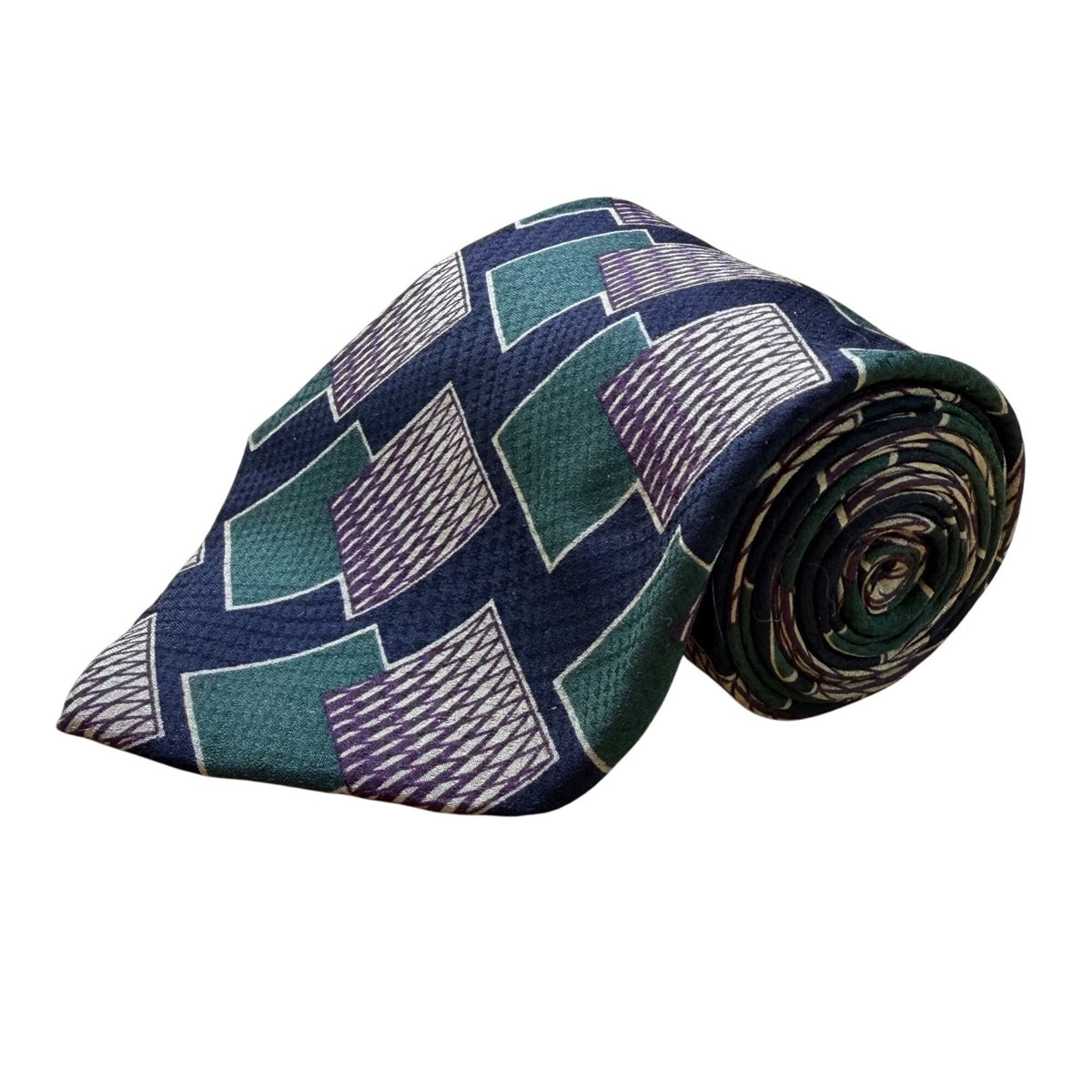 Tiemakers Mens Navy & Green Silk Geometric Pattern Necktie Handcrafted USA