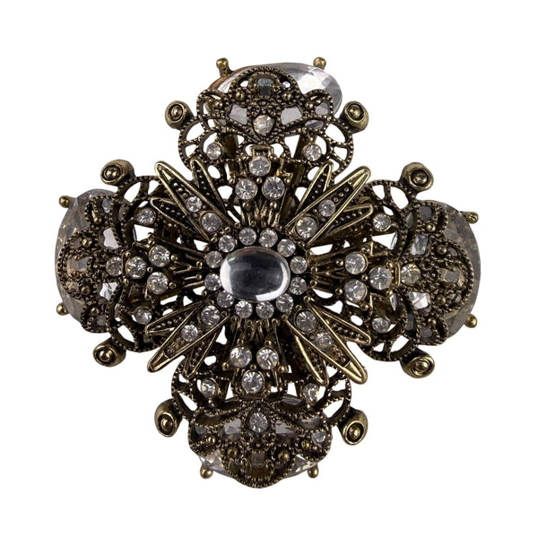 Vintage Gold Tone Rhinestone Filigree Cross Brooch Clear Crystals Ornate Jewelry