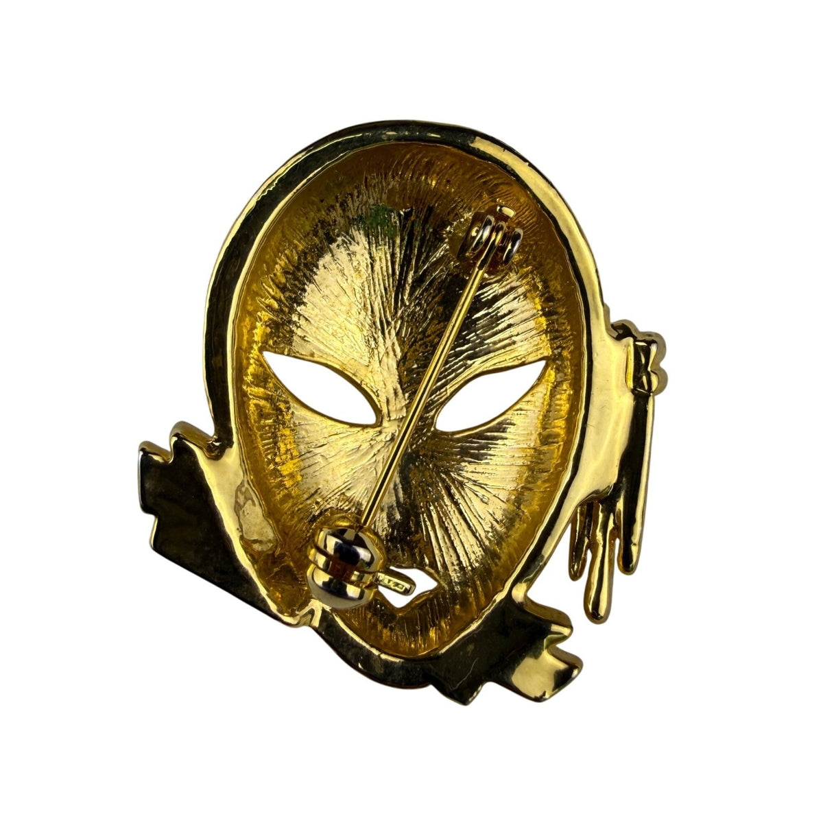 Vintage Gold Tone Rhinestone Mask Brooch Pin Black Enamel Accents Unique Detail