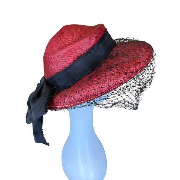 Geo. Innes Co. Womens Red Straw Hat With Black Veil Bow Detail Wichita Vintage