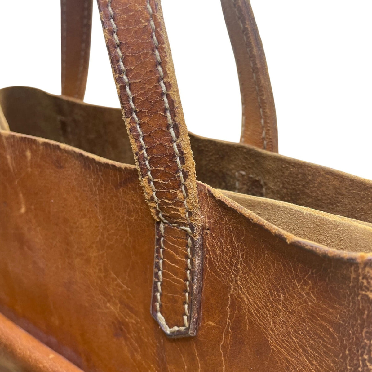 Vintage Handmade Brown Leather With Front Buckle Pocket Double Handle Tote Bag