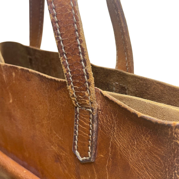 Vintage Handmade Brown Leather With Front Buckle Pocket Double Handle Tote Bag