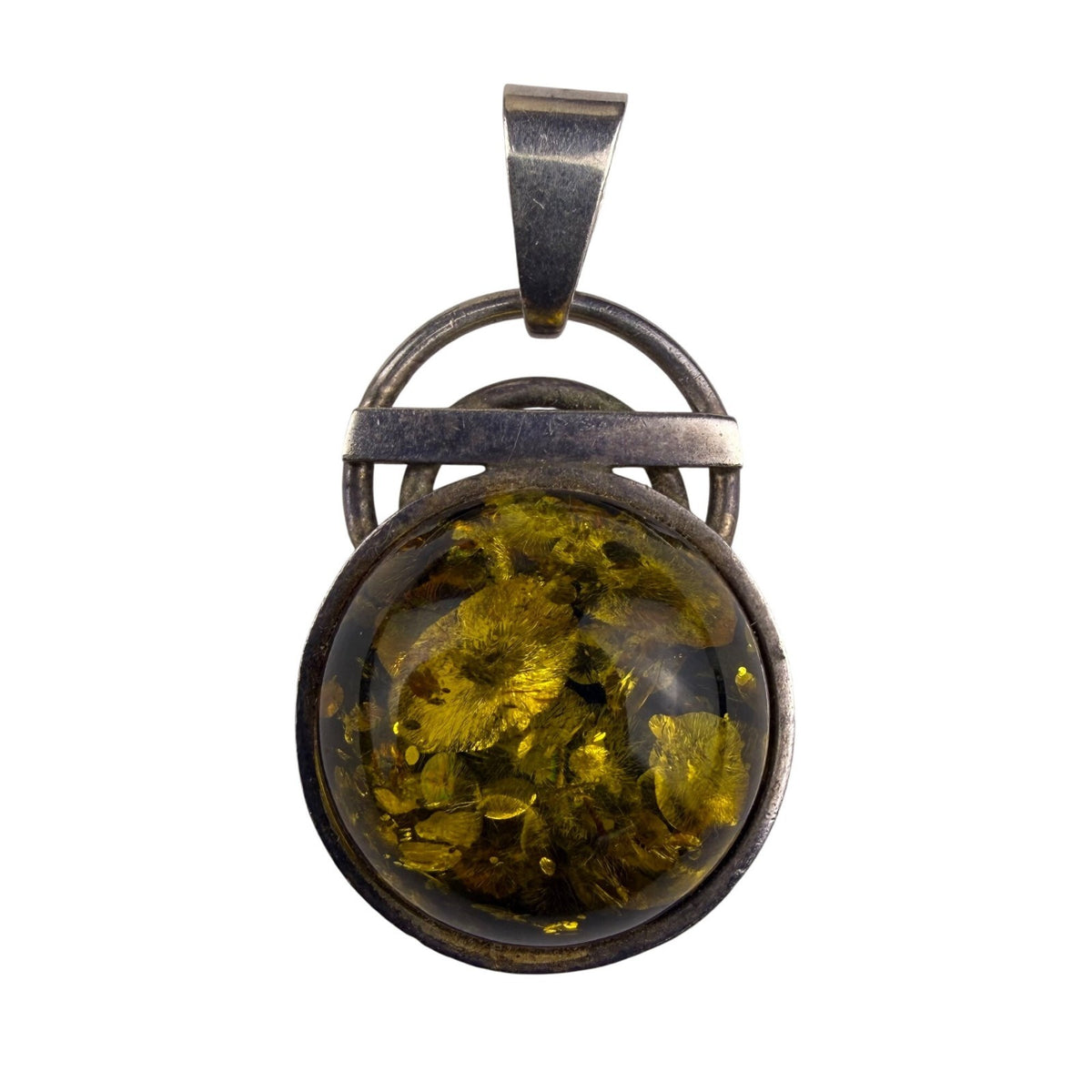 Vintage Sterling Silver & Amber Dome Pendant Unique Round Modernist Design