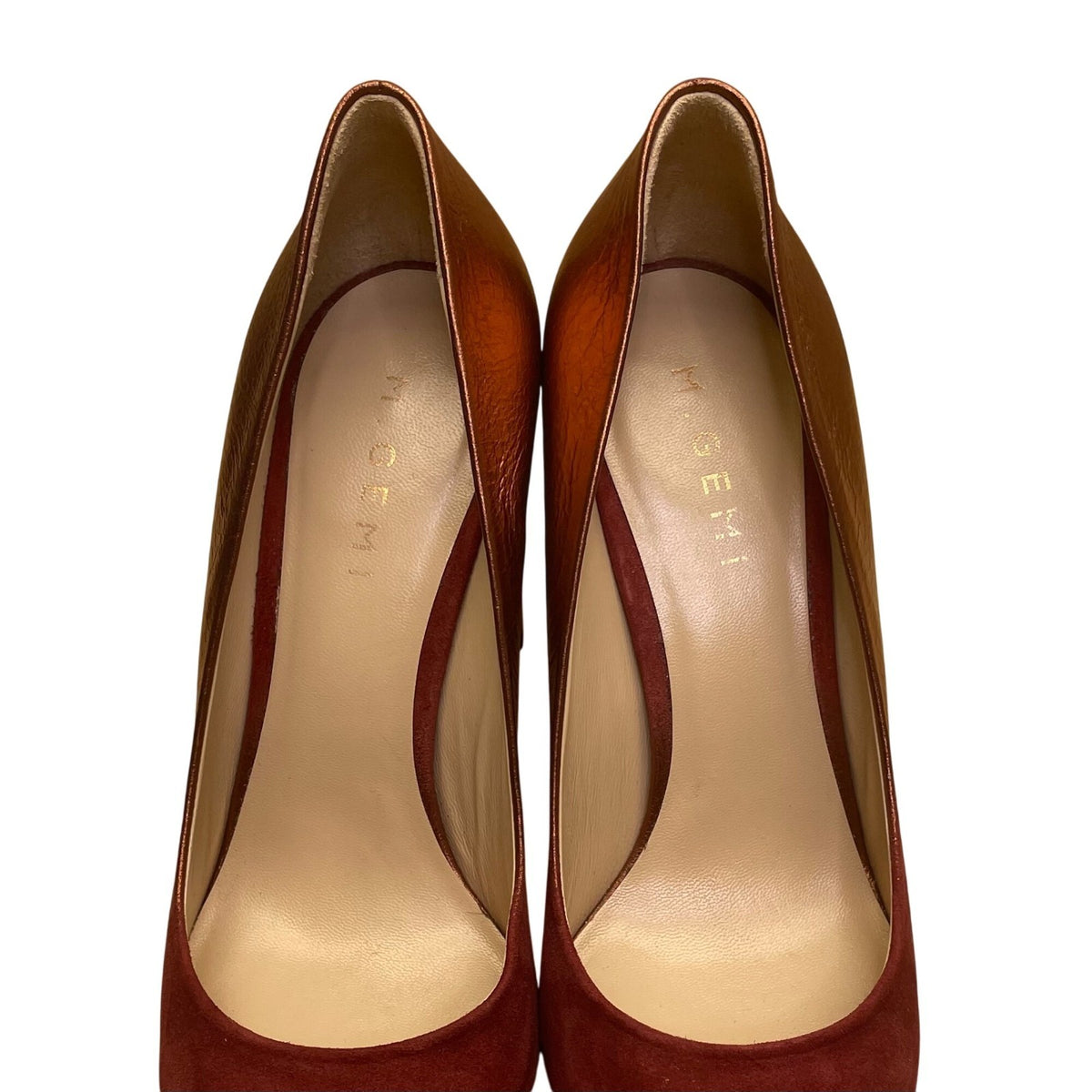 M.Gemi Women’s Copper Red Ombré Leather/Suede Lustro Block Heel Pumps Size US7.5