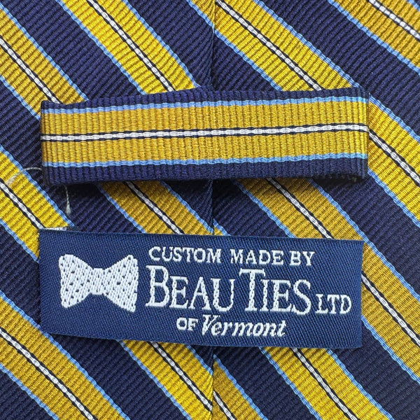 Beau Ties Ltd. Mens Navy & Yellow Striped 100% Silk Necktie Custom Made Elegant