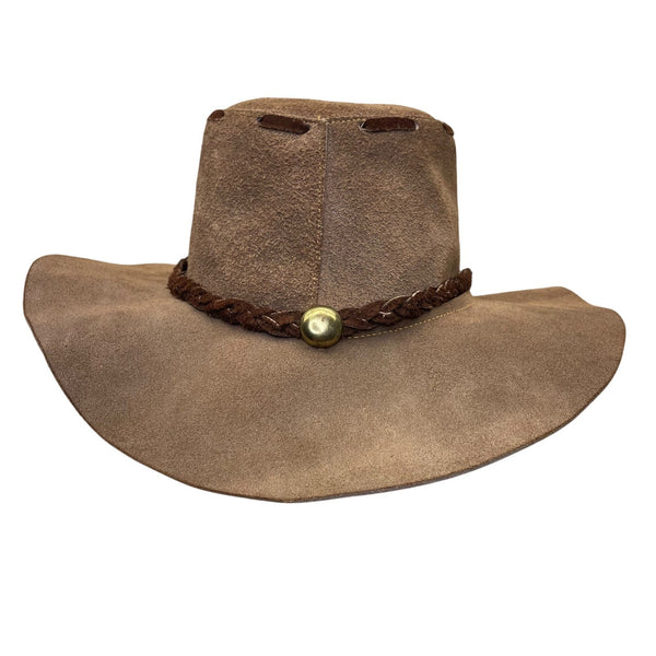 Vintage Western Style Suede Brown Leather Cowboy Hat With Braided Band