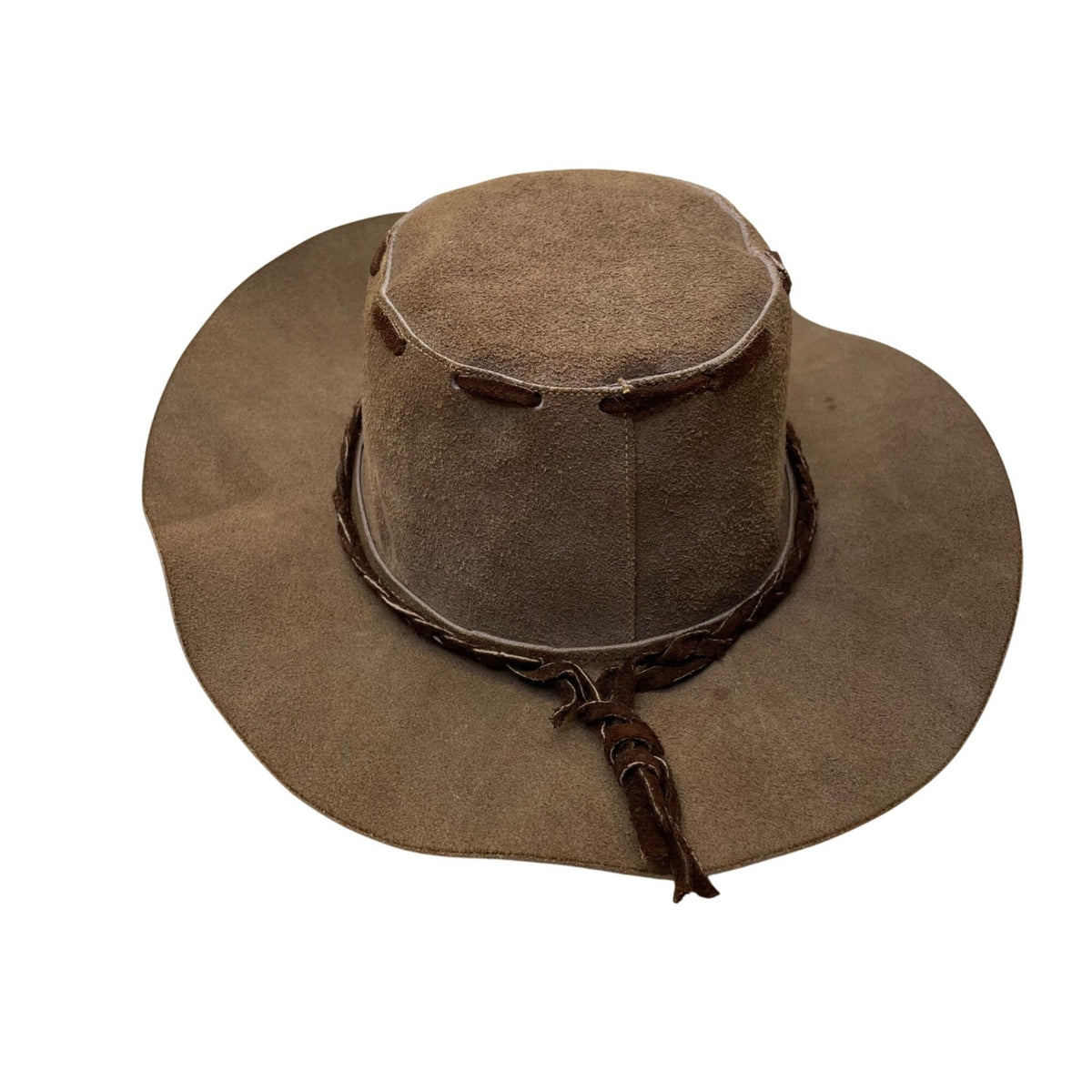 Vintage Western Style Suede Brown Leather Cowboy Hat With Braided Band