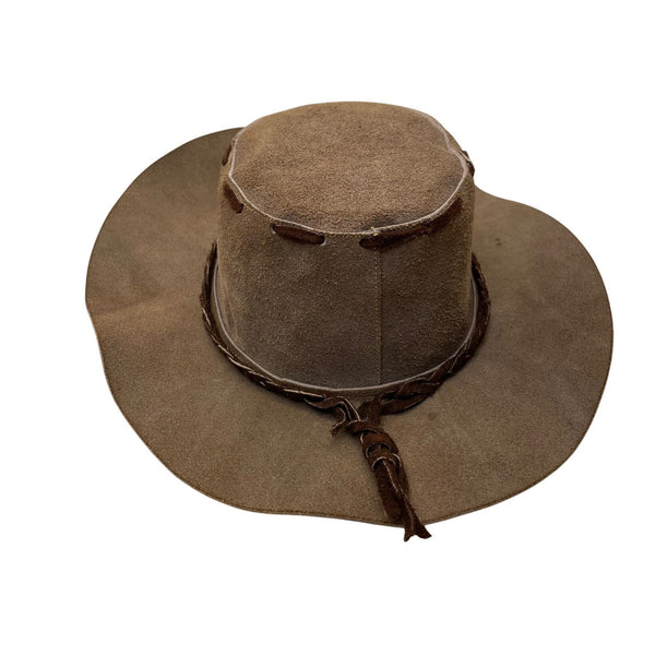 Vintage Western Style Suede Brown Leather Cowboy Hat With Braided Band