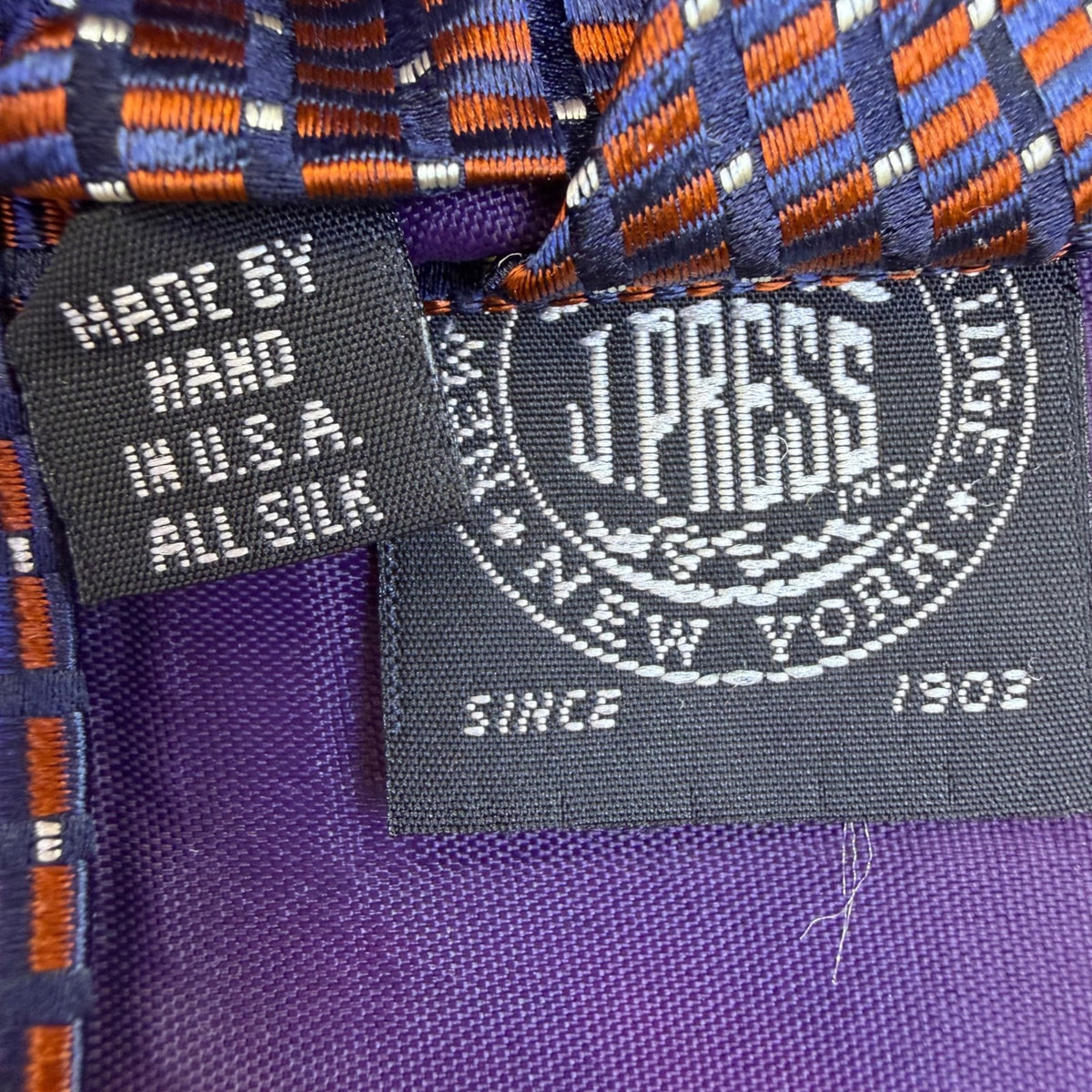 J Press Mens Blue & Orange 100% Silk Necktie Geometric Pattern Made In USA