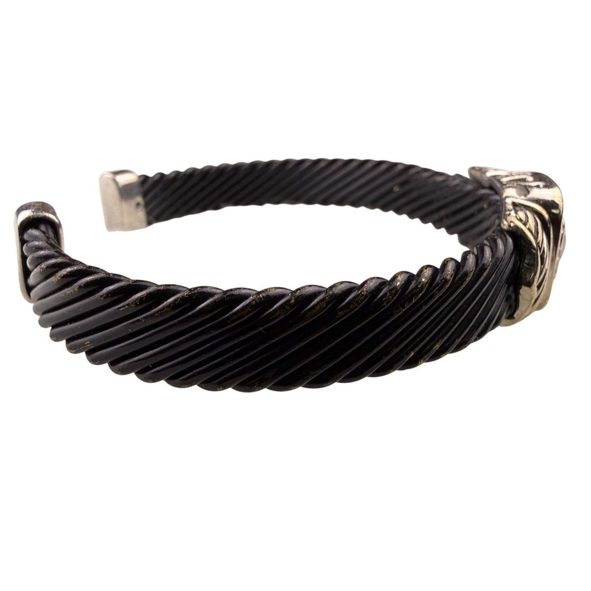 Asymmetrical Silver Tone/Black Metal Crystal-Embellished Open Cuff Bracelet