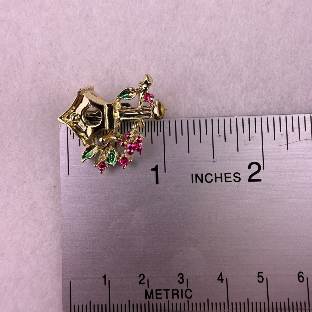 Vintage Womens Gold Tone Bird & Birdhouse Brooch Pins With Rhinestones