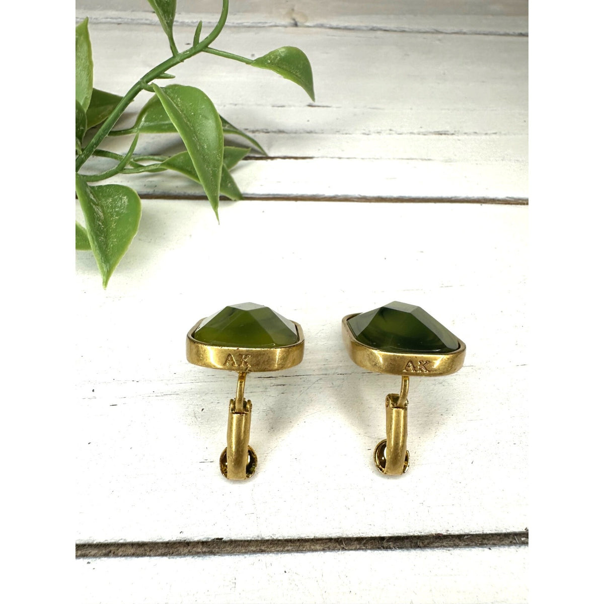 Vintage Gold Tone with Green Rock Clip On Earrings