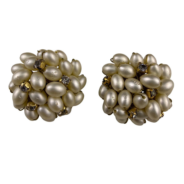 Clip-On Faux Pearl & Rhinestone Cluster Earrings Gold Tone Metal Round Design OS