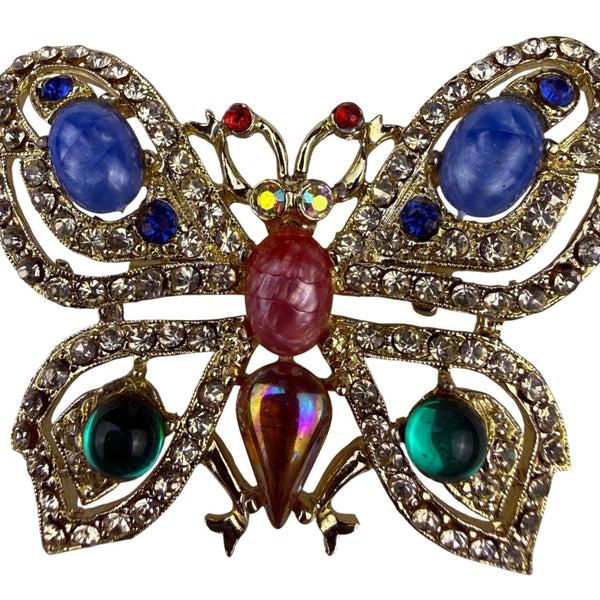 Vintage Gold Tone Rhinestone Butterfly Pin Brooch Multicolor Cabochon Gemstones