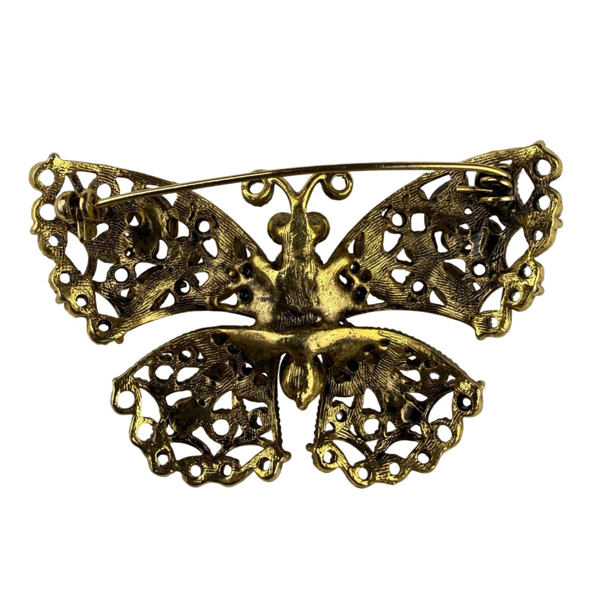 Vintage Ornate Butterfly Rhinestone Brooch Amber & Champagne Crystal Gold Tone