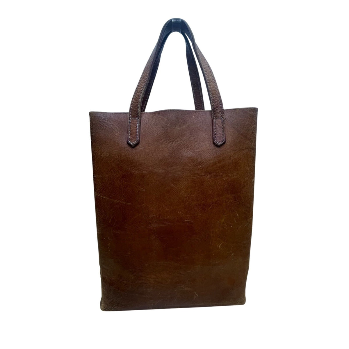 Vintage Handmade Brown Leather With Front Buckle Pocket Double Handle Tote Bag