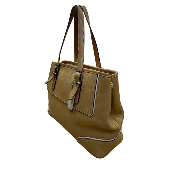 Coach Women’s Tan & White Leather Double Strap Silver Buckle Accents Hand Bag