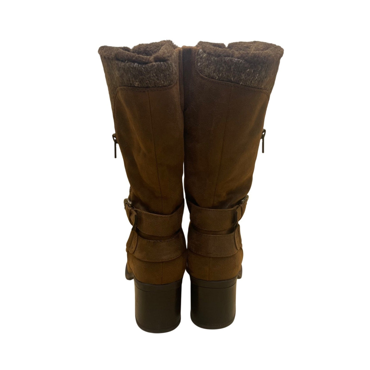 Baretraps Women’s Brown Faux Suede Buckle Detail Mid-Calf Fur-Lined Boots Sz 10M