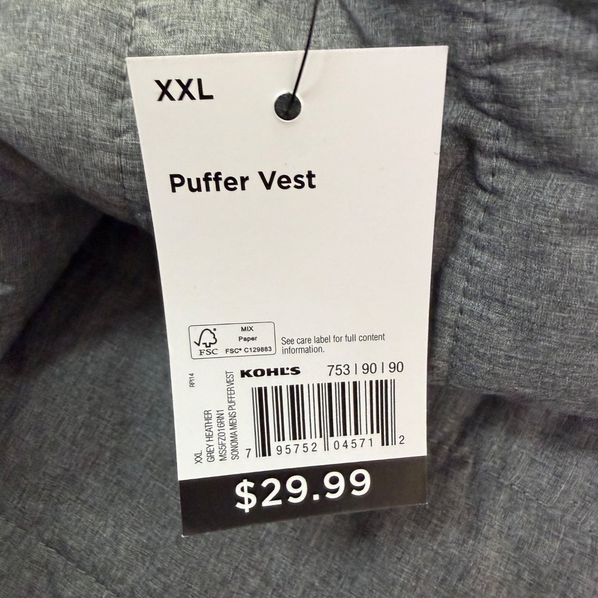 Sonoma Mens Gray Puffer Vest Full-Zip Lightweight Sleeveless Jacket Sz XXL - New