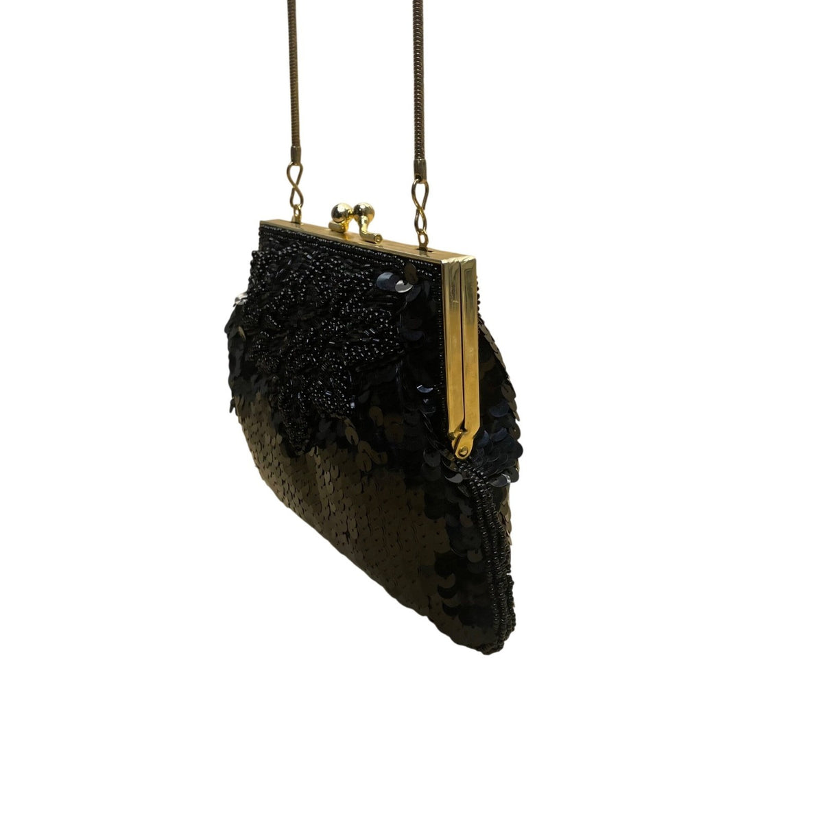 Accessory Lady Black Beaded Sequin Gold Metal Clasp Chain Strap Clutch Bag