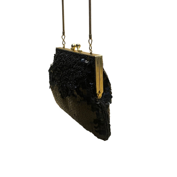 Accessory Lady Black Beaded Sequin Gold Metal Clasp Chain Strap Clutch Bag