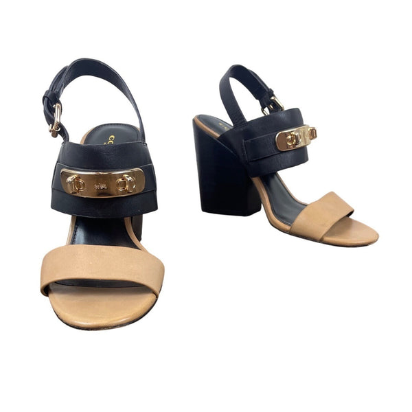 Coach Womens Black & Tan Brown Leather Gold Accents Block Heel Sandals Size 7.5B