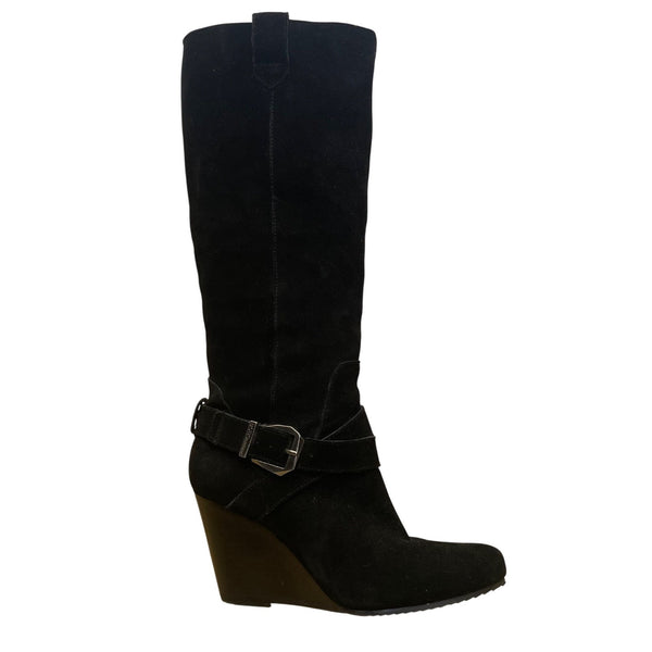 BCBGeneration Women's Black Suede Side Zipper Buckle Wilsa Wedge Boots Size 7M