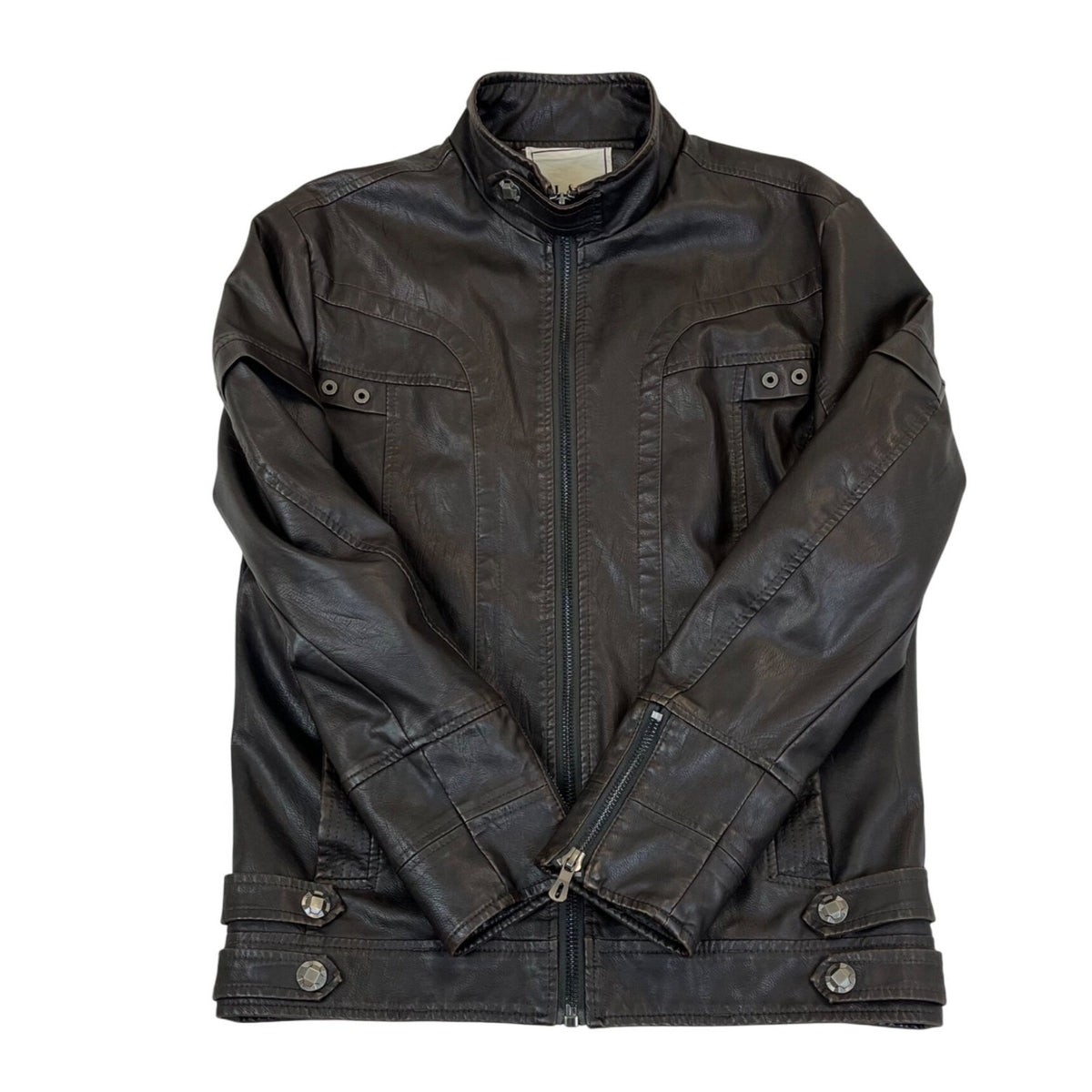 L&C Mens Dark Brown PU Leather Moto Jacket Modern Style Size M