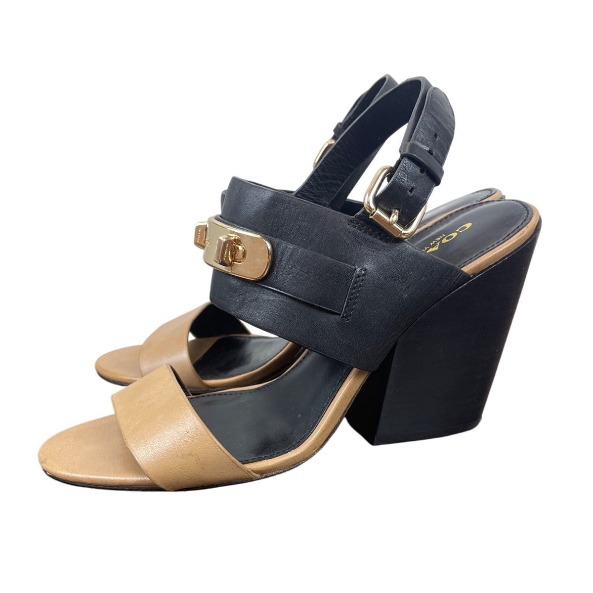 Coach Womens Black & Tan Brown Leather Gold Accents Block Heel Sandals Size 7.5B