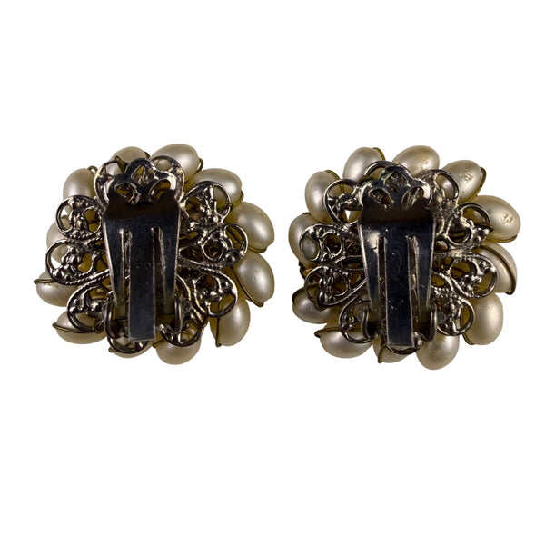 Clip-On Faux Pearl & Rhinestone Cluster Earrings Gold Tone Metal Round Design OS