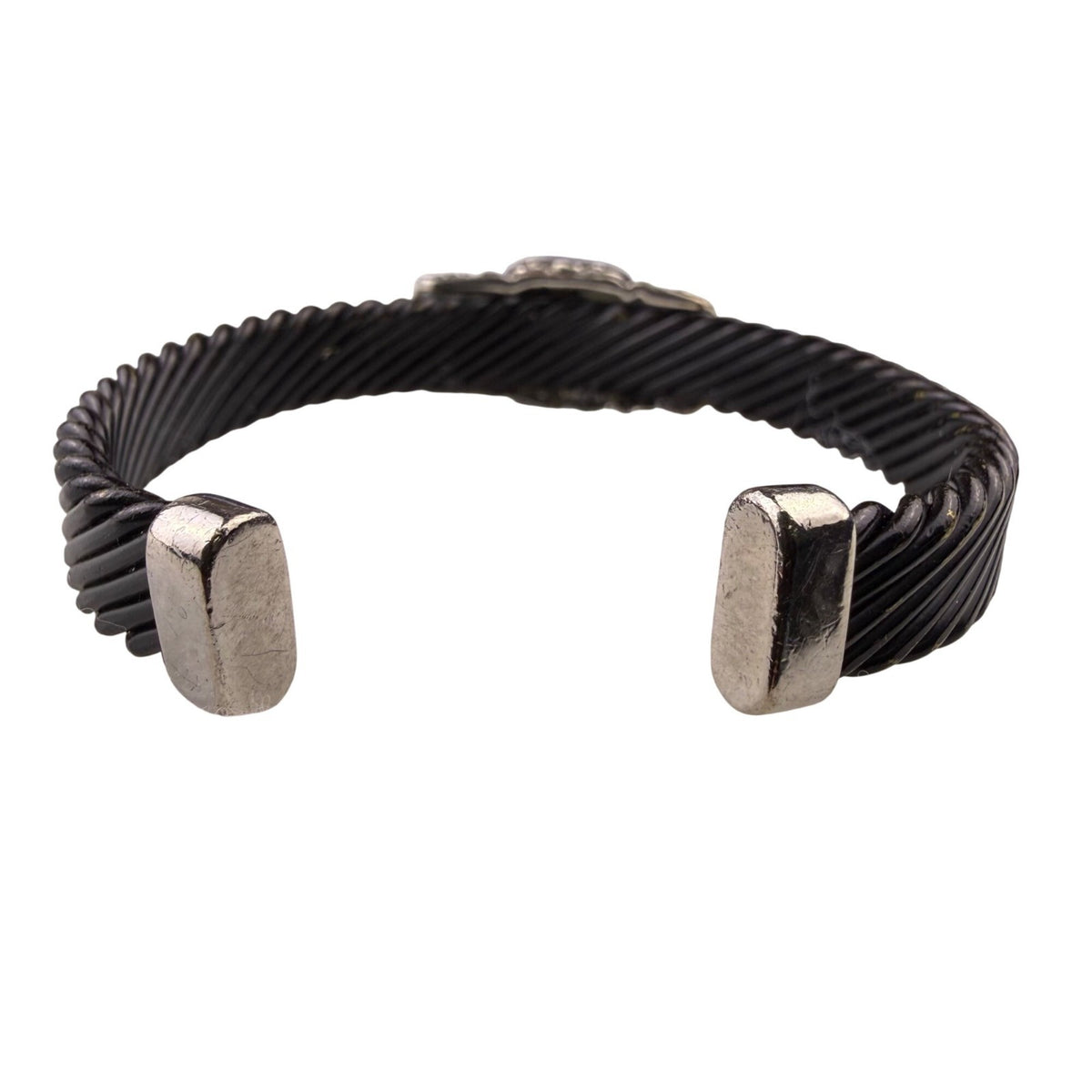 Asymmetrical Silver Tone/Black Metal Crystal-Embellished Open Cuff Bracelet