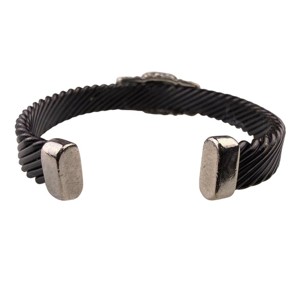 Asymmetrical Silver Tone/Black Metal Crystal-Embellished Open Cuff Bracelet