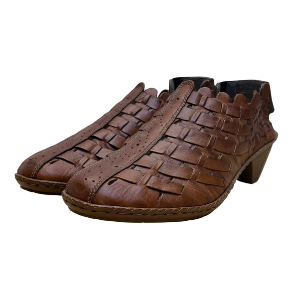 Rieker Women’s Brown Leather Woven Sina 78 Heeled Sandals Size US 6.5
