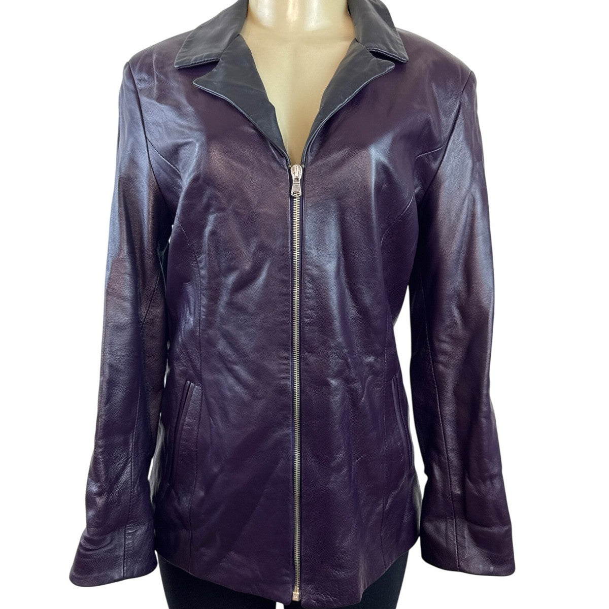 Pierotucci Womens Purple Leather Jacket With Zipper Closure Size 42