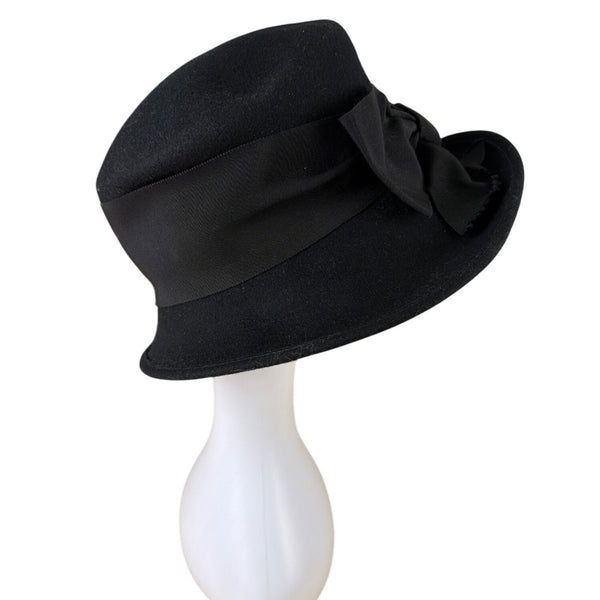Next Ladies Wear Black Wool Cloche Hat With Bow Detail & Wide Ribbon Band