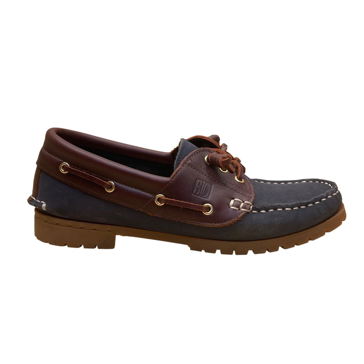 San Ou Women’s WBlue & Brown Leather Casual Slip-Resistant Boat Shoes Size 37