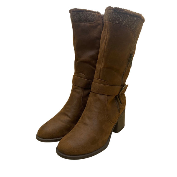 Baretraps Women’s Brown Faux Suede Buckle Detail Mid-Calf Fur-Lined Boots Sz 10M