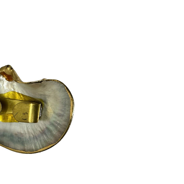 Vintage Black Mother Of  Pearl Lip Shell Ornament / Pendant - Gold Tone Borders