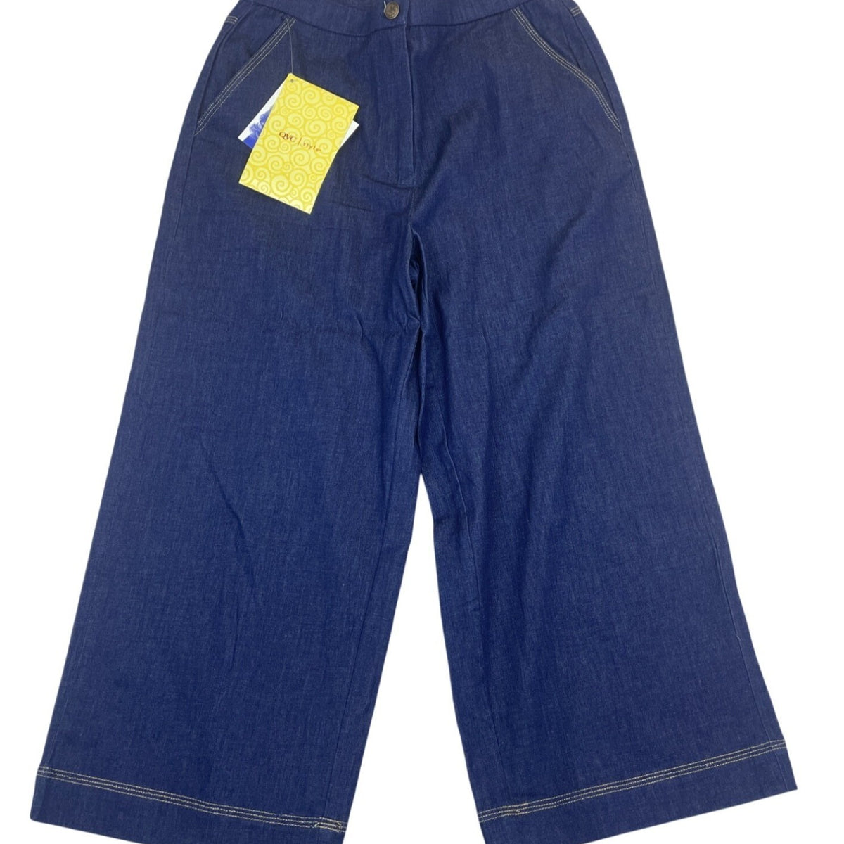 Susan Graver Women Wide-Leg Denim Pants High Waist Contrast Stitching Sz S - New