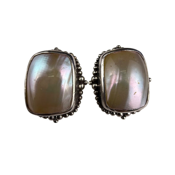 Vintage Sterling Silver 925 Clip-On Earrings Floral Etched MOP Cabochons Unique