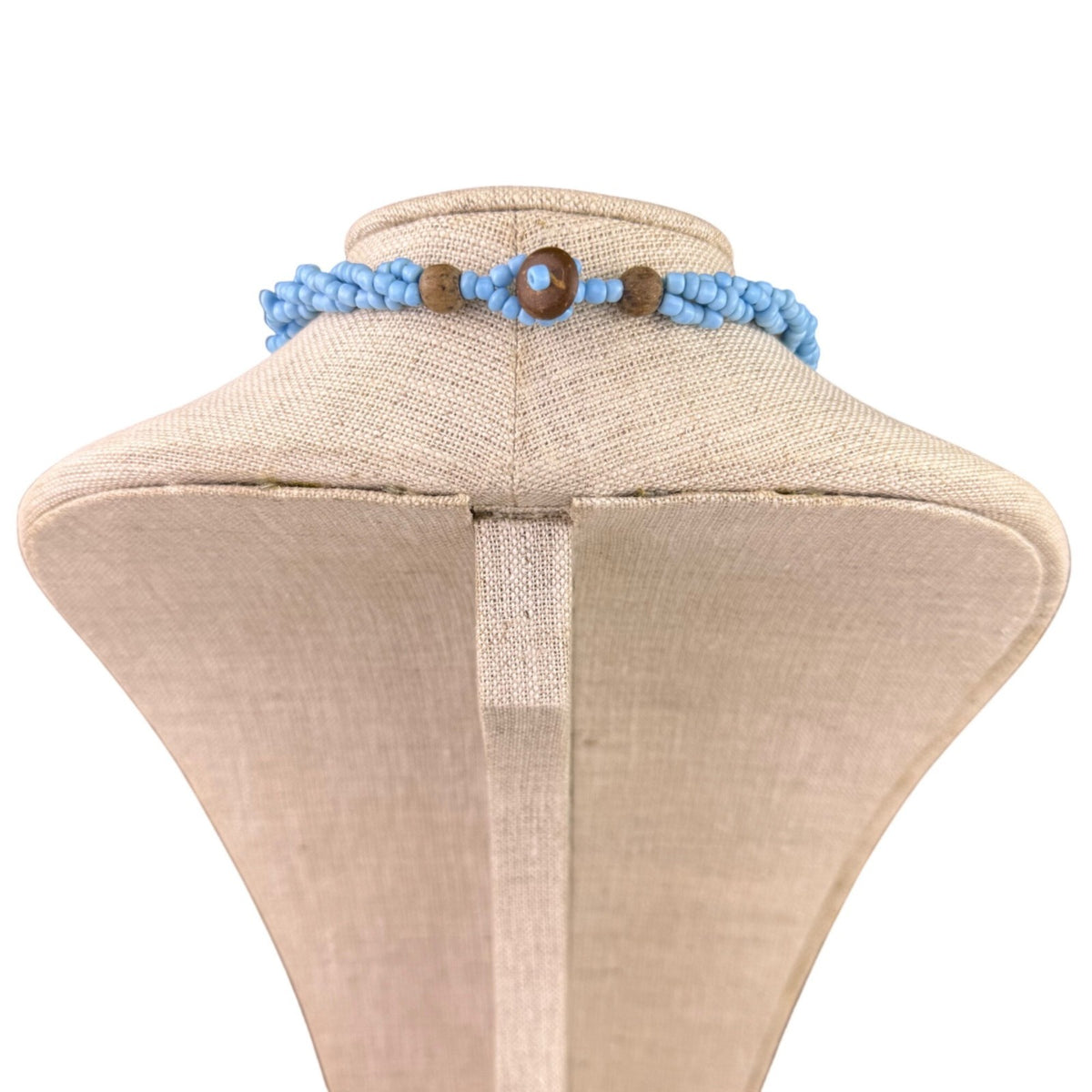 Handmade Womens Blue Beaded Necklace With Wooden Accents & Shell Pendant