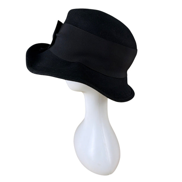Next Ladies Wear Black Wool Cloche Hat With Bow Detail & Wide Ribbon Band