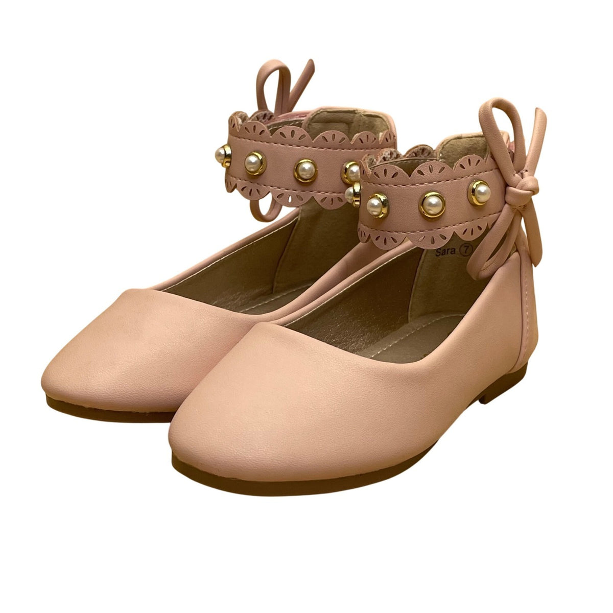 Pandaninjia Girls Blush Pink Faux Leather Pearl Ankle Strap Bow Flats Size 7