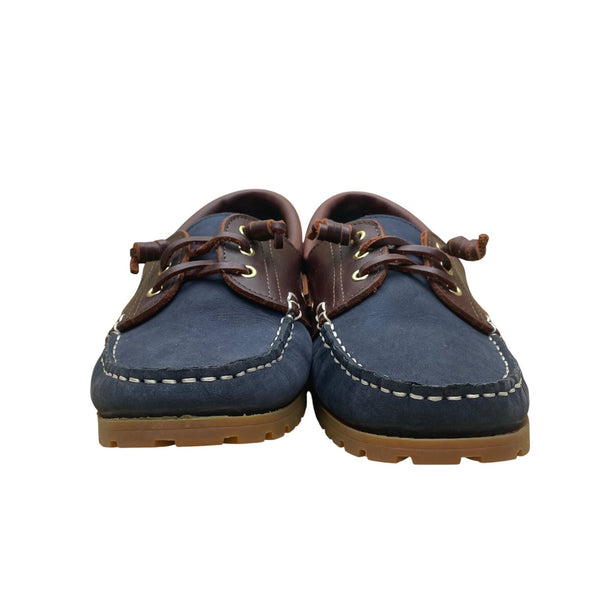 San Ou Women’s WBlue & Brown Leather Casual Slip-Resistant Boat Shoes Size 37